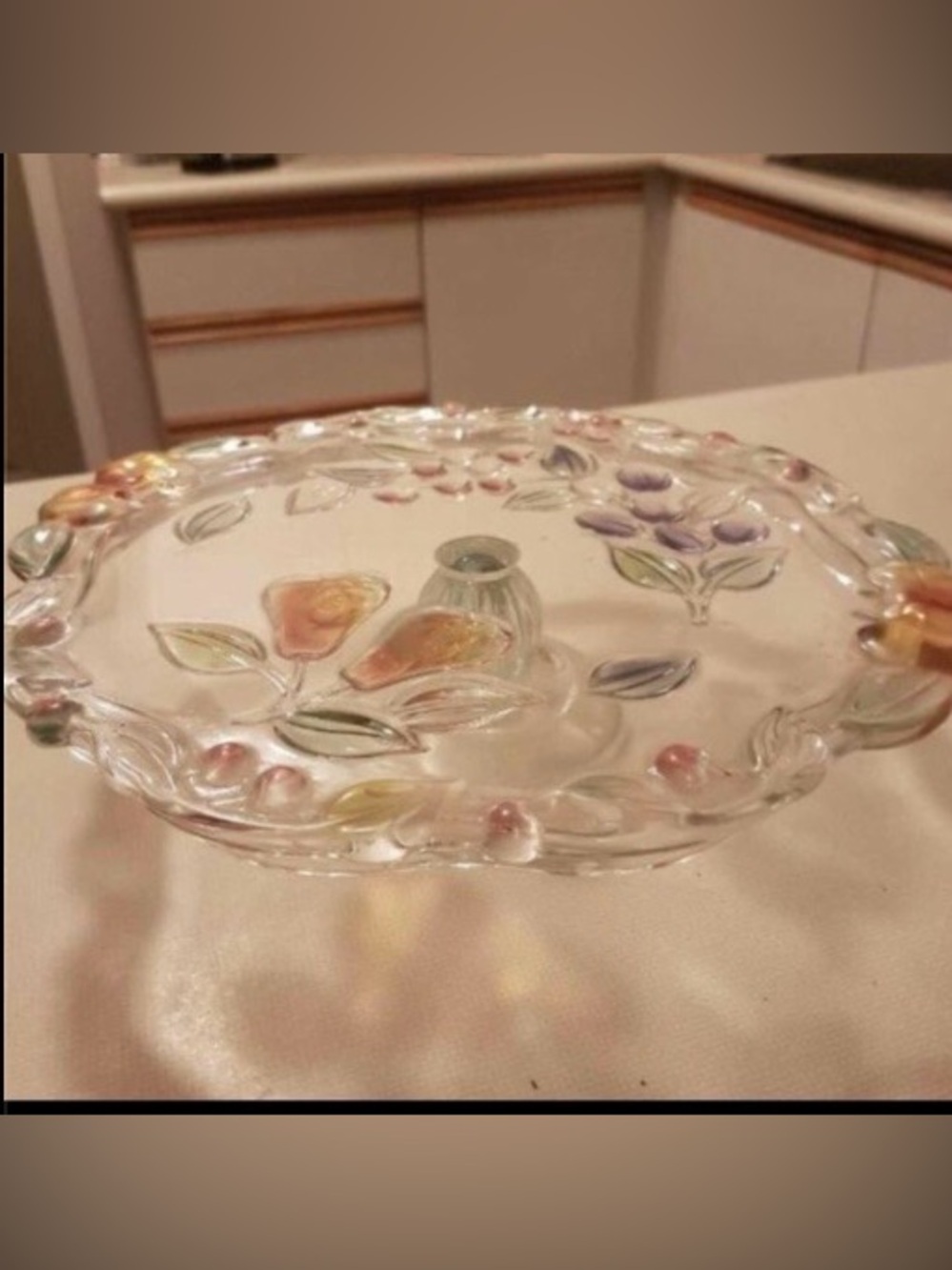 Vintage  Floral Glass Cake Stand with Pastel Hand-Painted Flowers